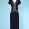 Robe longue 1940 en crêpe bleu marine brodé de cordonnet
