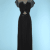 Robe longue 1940 en gaze et crêpe noir brodé de paillettes et perles
