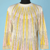 Pull 1970 en lainage écru imprimé rose beige jaune