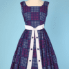 Robe 1950 en coton marine à pois et ceinture blanche