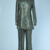 Tailleur pantalon 1970 en satin turquoise et noir brocard or