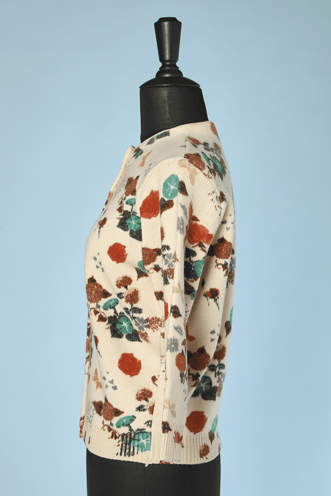 Gilet 1950 en lainage écru imprimé de roses et feuillages – Image 3