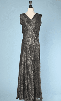 Robe longue 1930 en satin noir lamé argent
