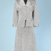 Tailleur 1940 jupe et veste en rayonne grise imprimé blanc rose noir