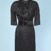 Tailleur robe 1960 en satin noir floqué et mousseline