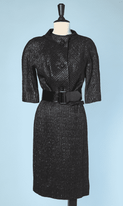 Tailleur robe 1960 en satin noir floqué et mousseline