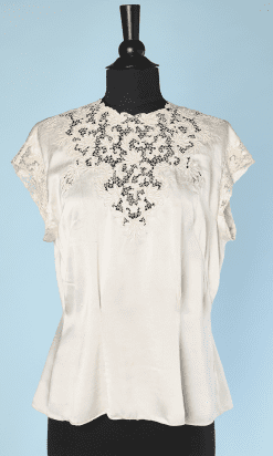 Chemisier 1950 en soie ivoire sans manches brodé