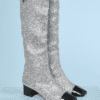 Paire de bottes en verni noir et paillettes argentées Chanel
