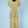 Robe 1930 en mousseline imprimé d'arbres en fleurs jaunes et gris