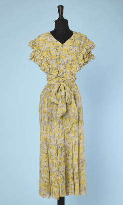 Robe 1930 en mousseline imprimé d'arbres en fleurs jaunes et gris