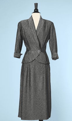 Tailleur 1940-50 en soie grise floquée