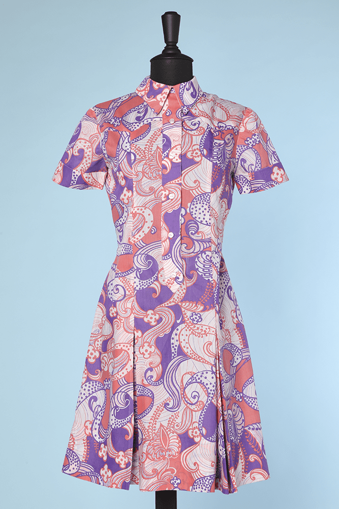 Robe 1970 en coton blanc imprimé psychédélique