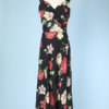 Robe longue 1930 en soie noire imprimée de fleurs