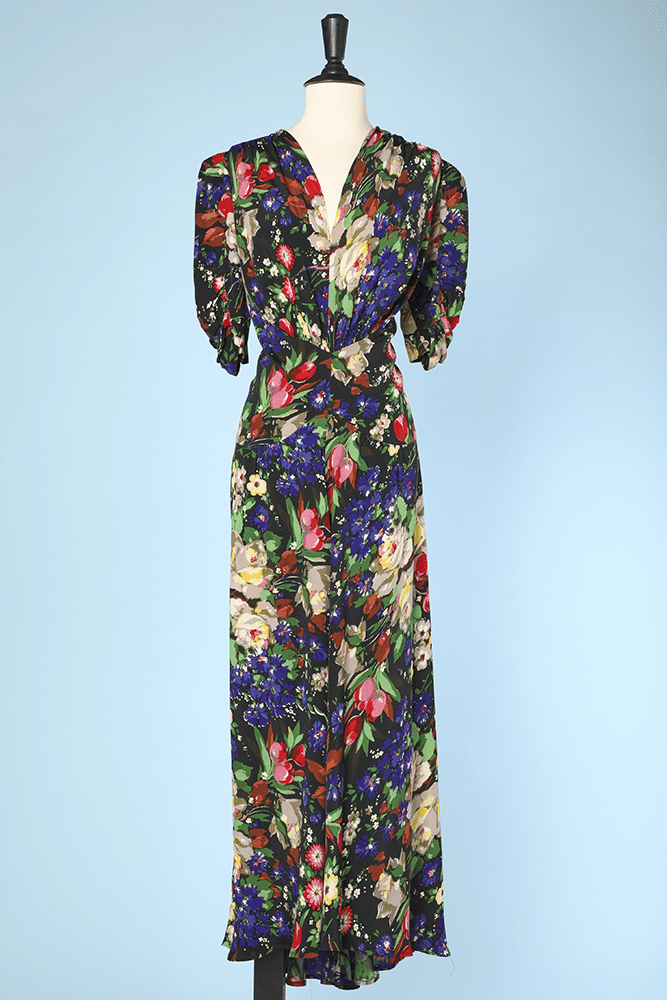 Robe longue 1940 en rayonne imprimée de fleurs multicolores
