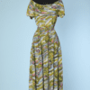 Robe de cocktail 1950 en soie imprimée verte turquoise rose