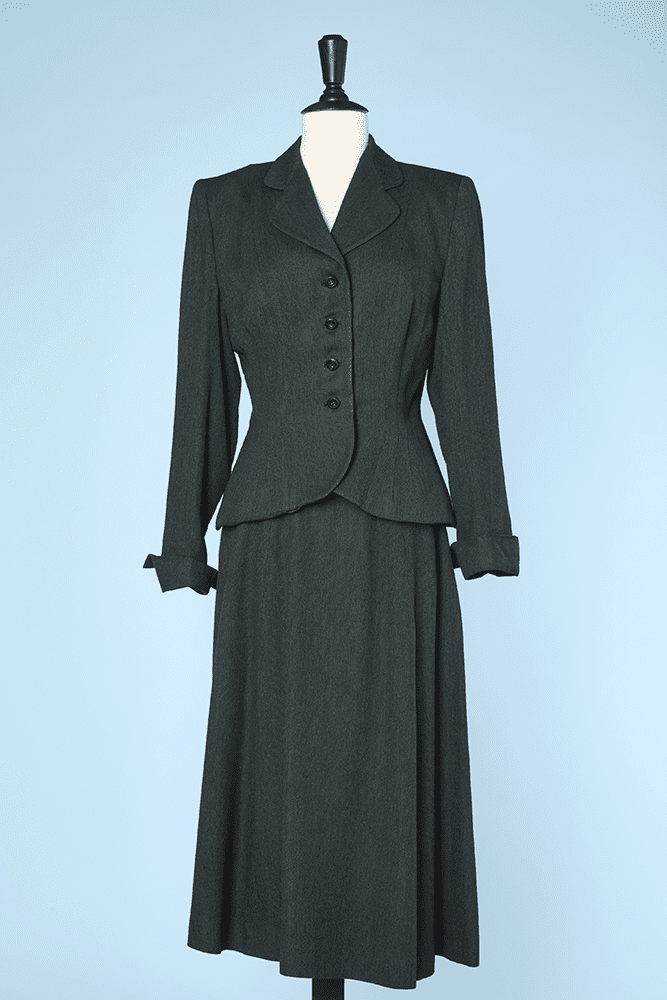 Tailleur jupe et veste 1940 en lainage vert bouteille