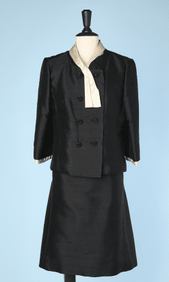 Tailleur robe et veste 1950 en soie sauvage noir et blanc