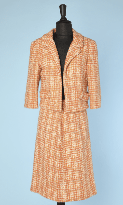 Tailleur 1960 veste et jupe en lainage tissé orange jaune écru