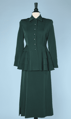 Tailleur jupe et veste 1940 en lainage vert sapin