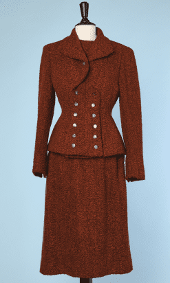 Tailleur 1940 veste et jupe en lainage chiné marron rouille