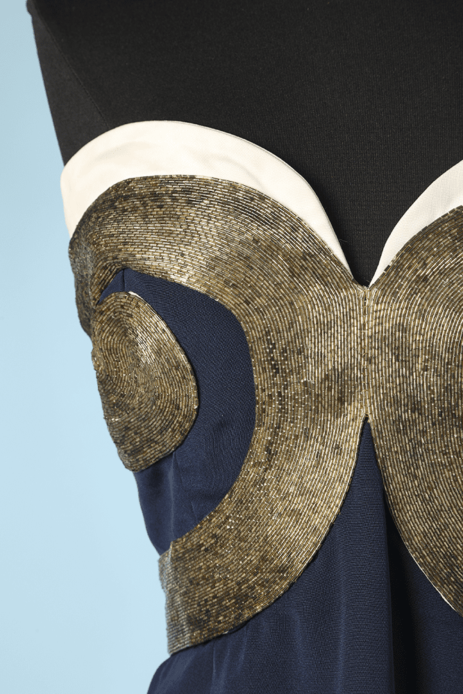 Robe et boléro 1980 en soie marine brodée de perles argentées Mila Schön – Image 3