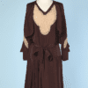 Tailleur robe et veste 1930 en crêpe marron et dentelle beige