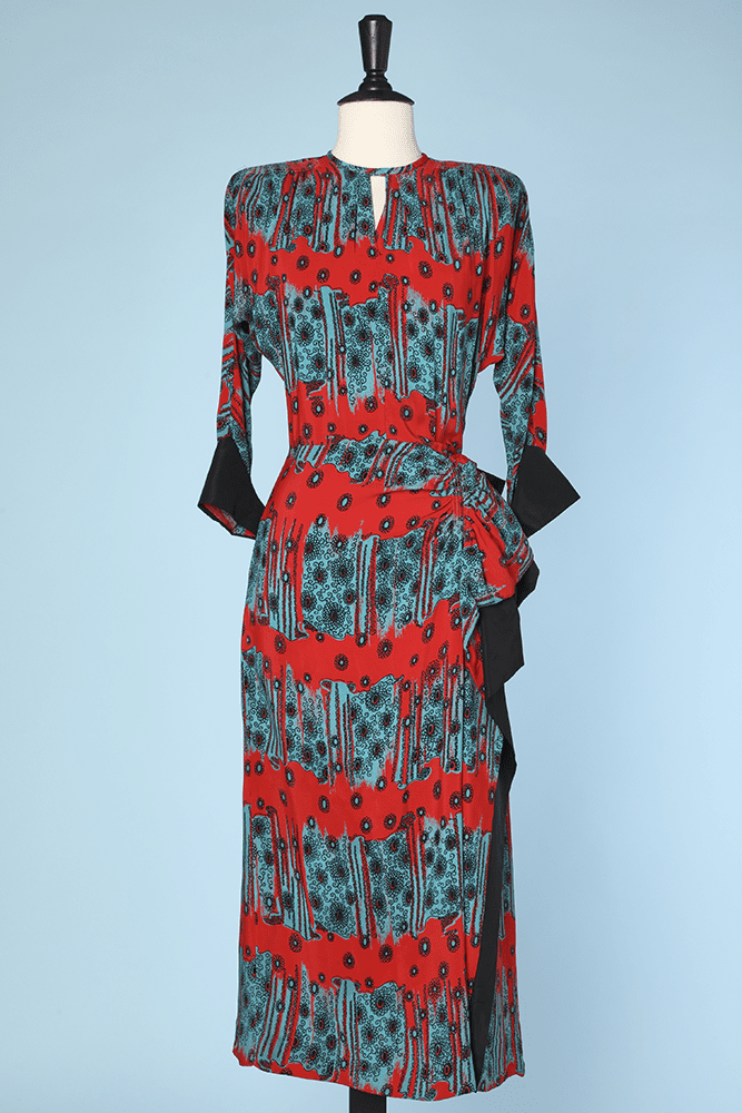 Robe 1940 de cocktail en rayonne turquoise rouge et noir