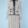 Tailleur 1960 veste et jupe en lainage tissé marine et blanc