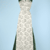 Robe longue 1960 du soir en satin jacquard blanc vert gris