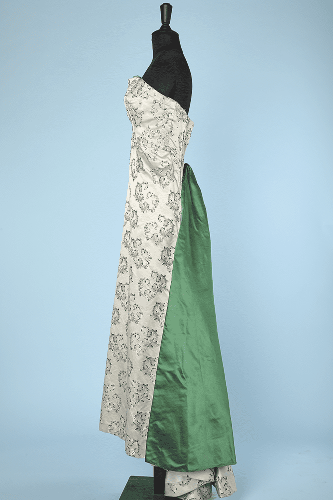 Robe longue 1960 du soir en satin jacquard blanc vert gris – Image 5