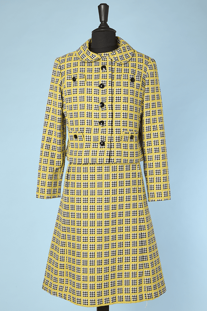 Tailleur robe 1960 en lainage pied de poule noirs et blancs et carreaux jaunes
