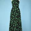 Robe longue vintage en mousseline noire et verte pailletée Carolina Herrera