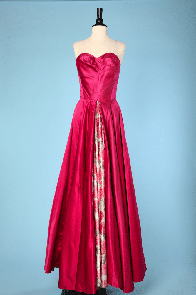 Robe bustier de bal 1950 en satin rose et satin blanc fleuri