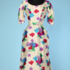 Robe de cocktail 1950 en soie écrue imprimée de bouquets