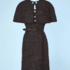 Robe et cape 1950-60 en lainage chiné bordeaux noir et gris