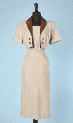 Tailleur robe et boléro 1960 en lin beige et marron