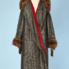 Manteau 1930 en soie noire lamé or et fourrure