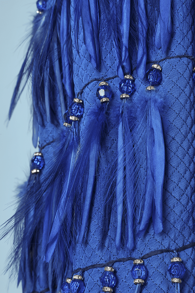 Robe bustier vintage en soie bleue plumes et strass Versace couture – Image 4