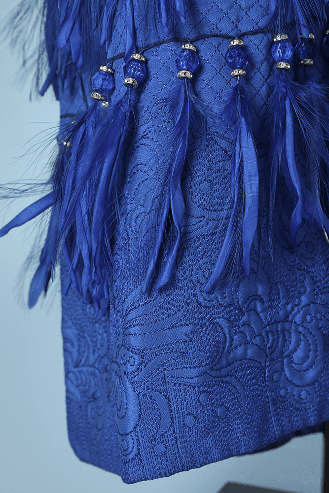 Robe bustier vintage en soie bleue plumes et strass Versace couture – Image 5