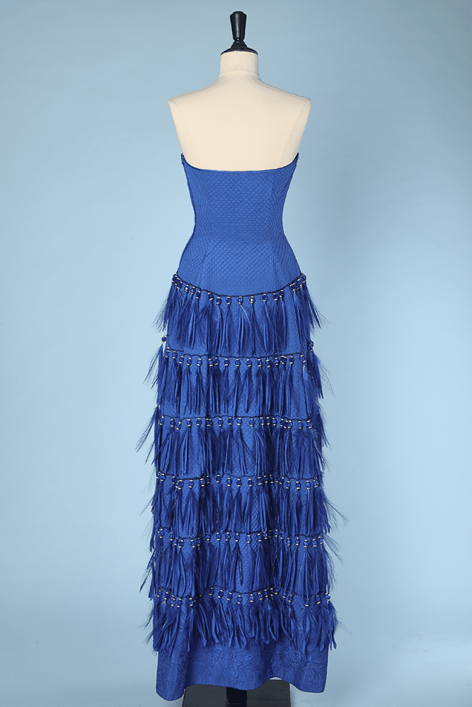 Robe bustier vintage en soie bleue plumes et strass Versace couture – Image 7