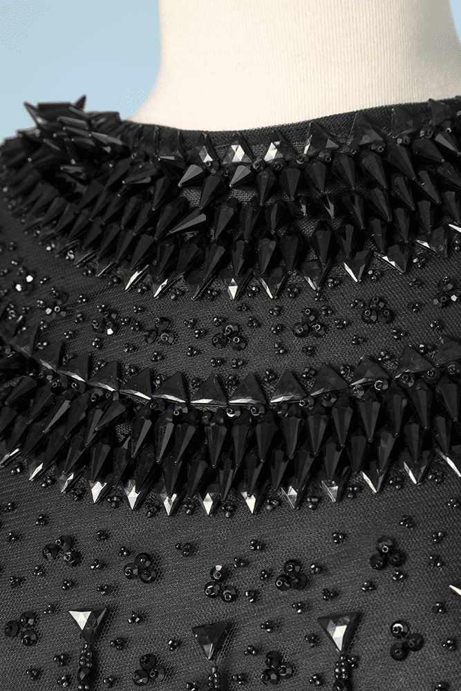 Robe cocktail 1960 en mousseline noire perlée – Image 2