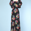 Robe longue 1930 en rayonne noire imprimée de bouquets de fleurs