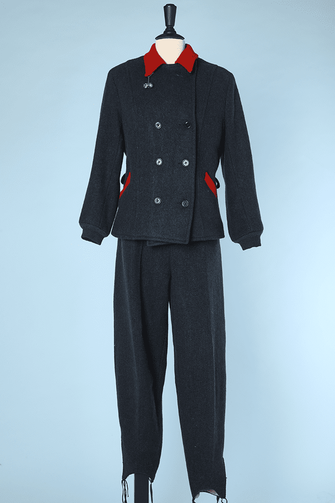 Ensemble de ski 1940 en gros lainage marine et rouge
