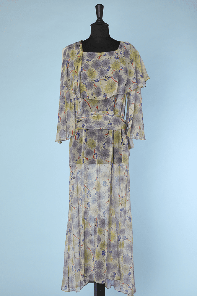 Robe 1930 en ivoire imprimée de fleurs mauves et anis - Chez Sarah