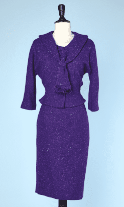 Tailleur 1950 en lainage tissé violet chiné rose et bleu