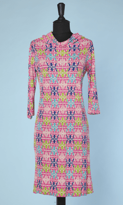 Robe 1970 en jersey imprimé blanc, rose vert, bleu