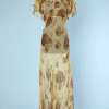 Robe longue 1930 en mousseline jaune imprimée de fleurs marron