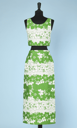 Tailleur 1970 jupe et haut en piqué de coton vert et blanc
