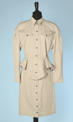 Tailleur jupe 1980 en toile de coton mastic griffé Thierry Mugler