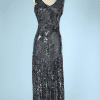 Robe longue 1930 en tulle noir brodé de paillettes irisées